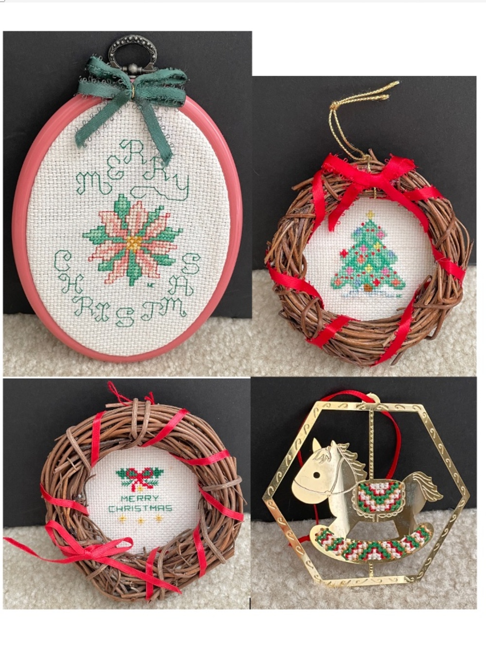 Lot 4 Vintage Counted Cross Stitch Ornaments Complete Merry Christmas Tree